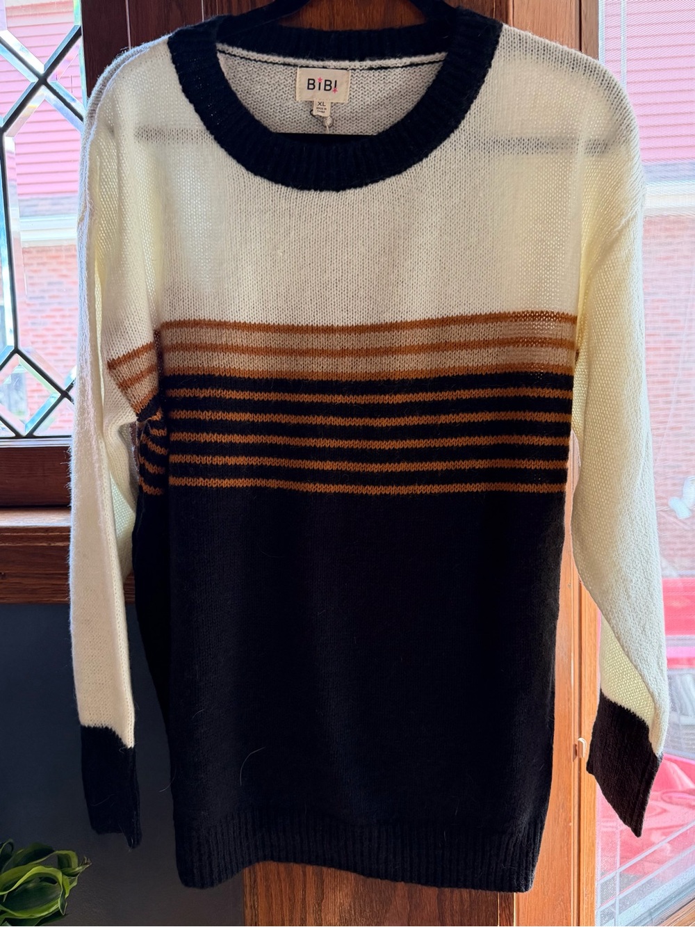 BiBi Colorblock Striped Sweater Black Ivory Rust Size XL NWT